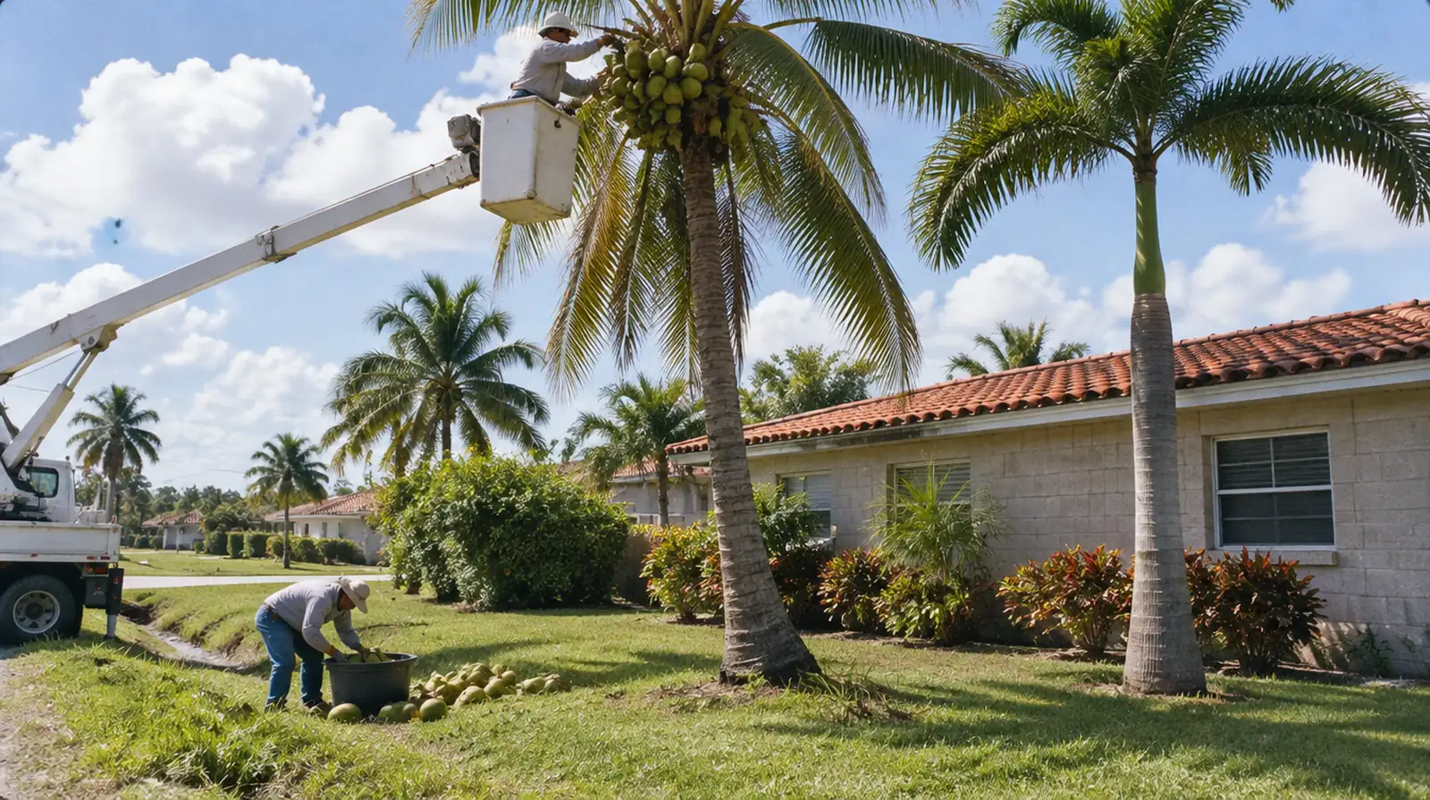 Removing coconuts from a tall palm before storm season in Westchester, FL