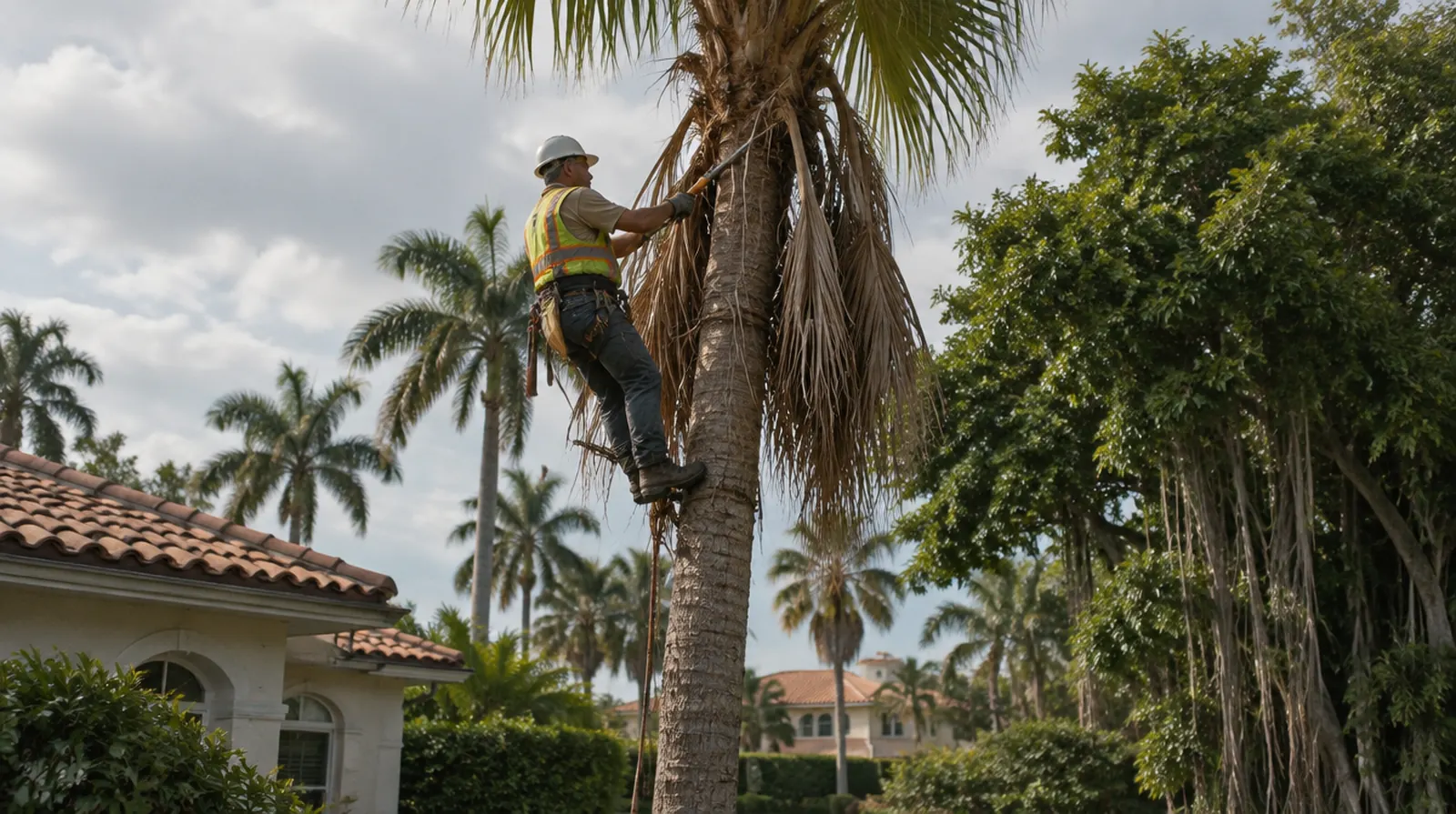Worker trimming dead fronds from a palm tree in Miami, FL