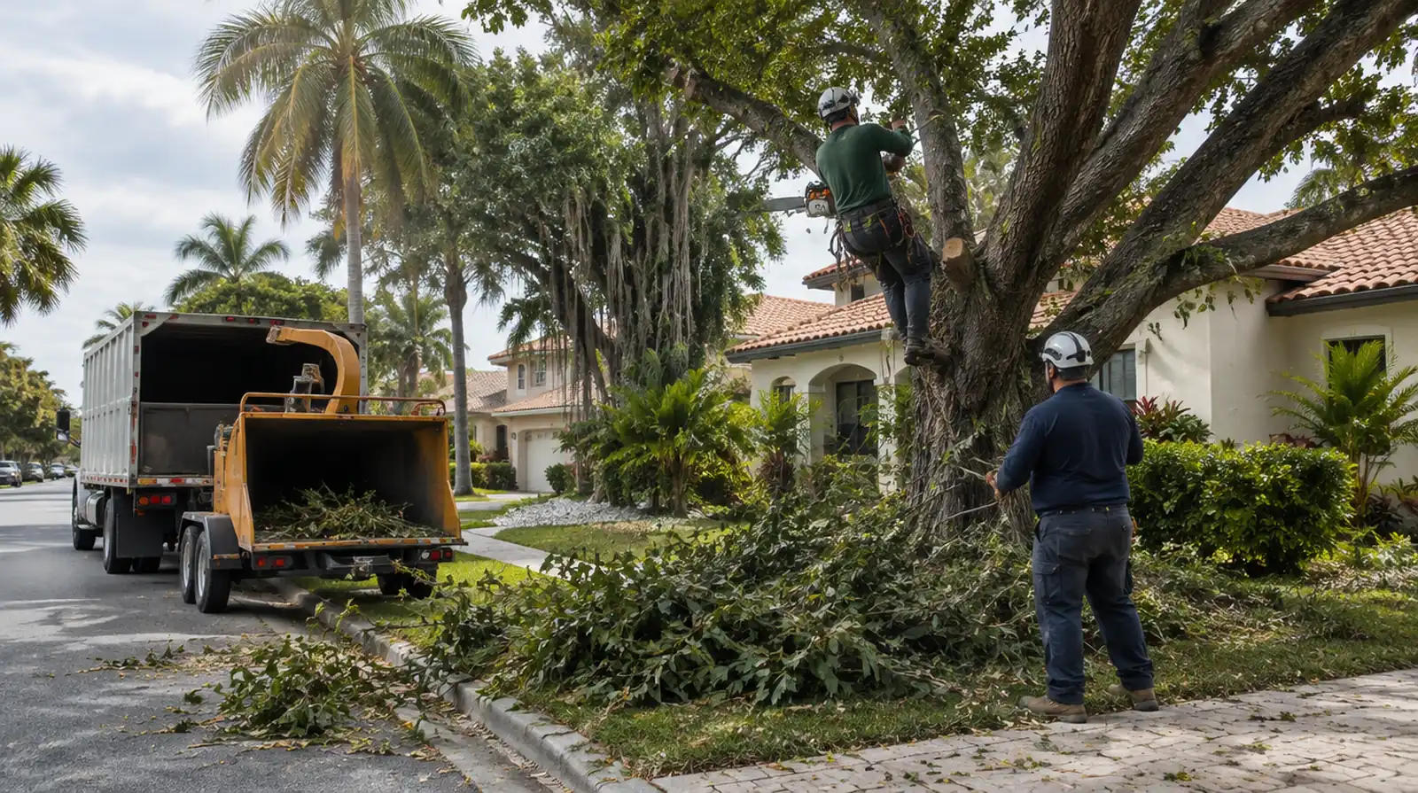 Tree service crew trimming a tree beside a home in Miami, FL
