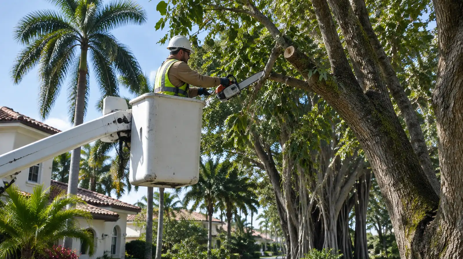 Arborist trimming tree branches from a bucket lift in Miami, FL